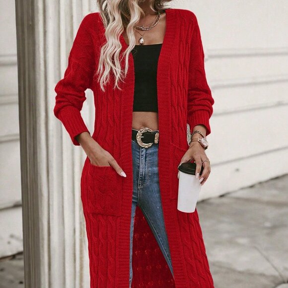 Red Casual Women's Long Cardigan - Picture 6 of 6